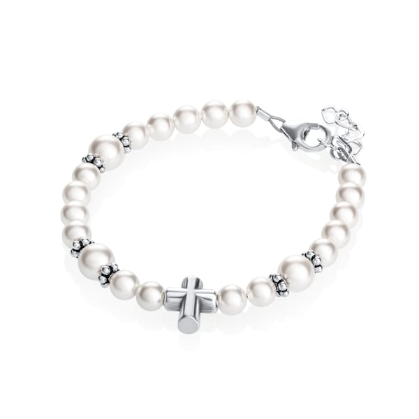 European White Pearls with Sterling Silver Cross Bead Bracelet (BCBW)