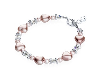 Rose and Pink Heart Sterling Silver Child Bracelet (B1703)