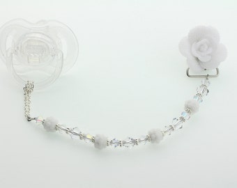 White Rose , Swarovski Crystal Pacifier Clip  (CFFW)  Dummy Clip, Binky Clip