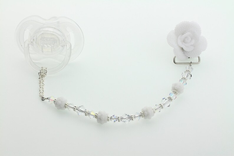 White Rose , Swarovski Crystal Pacifier Clip CFFW Dummy Clip, Binky Clip image 1