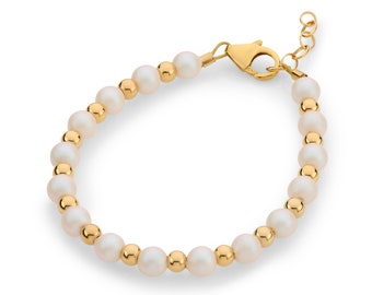 Classy Child/Baby Bracelet With Austrian Iridescent White Pearls, 14kt Gold Filled Beads  (B2121-W/P)