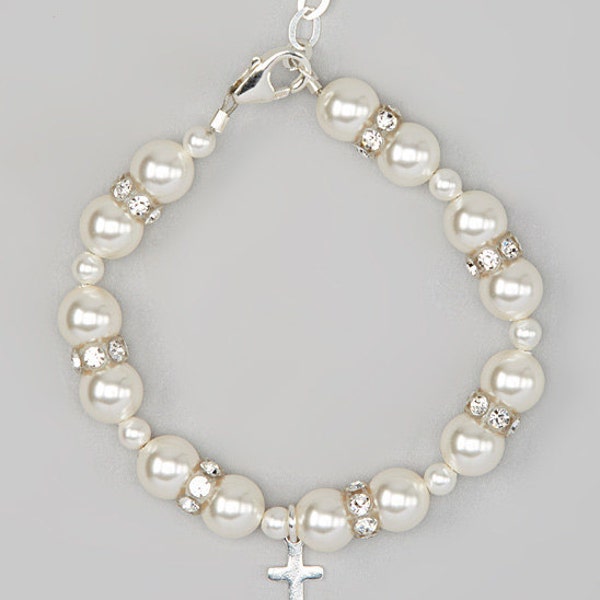 Silver & White Pearl Rondelle Cross Bracelet (B134)