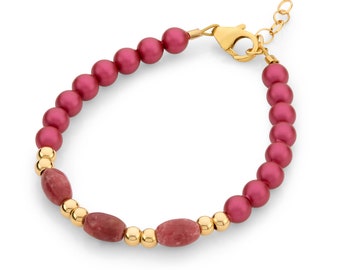 Infant/Baby Girl/Child Bracelet With Mulberry Austrian Pearls, 14kt Gold Filled Beads, Rice Rhodonite Beads (B2129-MB)