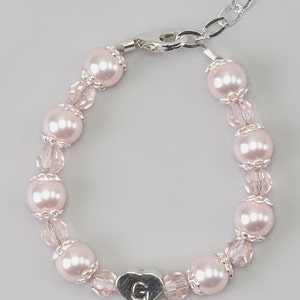 Sterling Silver & Pink Pearl Heart Initial Bracelet  (B130)