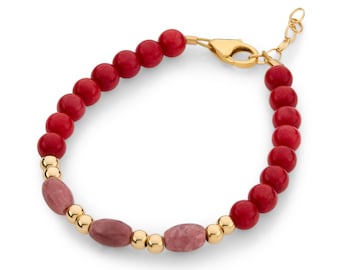 Infant/Baby Girl/Child Bracelet With Red Coral Beads, 14kt Gold Filled Beads, Rice Rhodonite Beads (B2129-R)