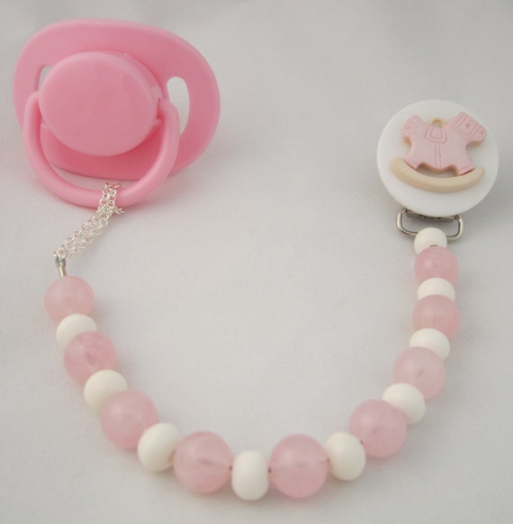 Pink Rocking Horse Pacifier Clip With Stunning Beads and Pearls