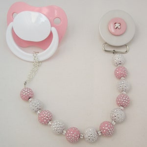 Pink Button Pacifier/Binky clip with matching  Beads (CPPB)