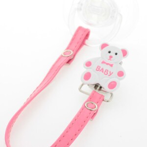 Enamel Teddy Pacifier Clip with matching Faux-Leather Strap (girls)