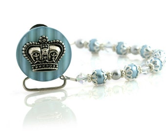 Blue Crown Pacifier clip with blue European Pearls & crystals (CCB) BABY GIFT