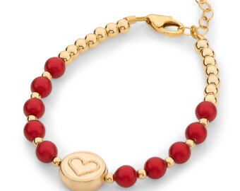 NEW! Double Sided 14kt Gold FIlled Heart Bead, With Rouge Austrian Pearls, Luxury Infant/Child Bracelet (B2130-R)