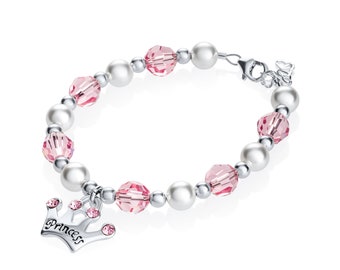 Luxury White Simulated Pearls Pink Pave Crystals with Sterling Silver Princess Crown Charm Baby Girl Bracelet (B139)