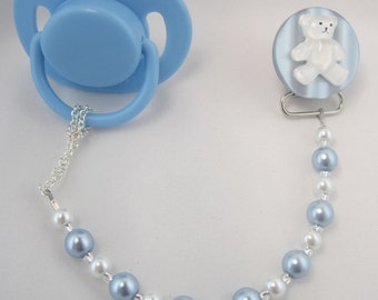 Blue Teddy Bear Pacifier clip with Blue and White Pearls (CTB)