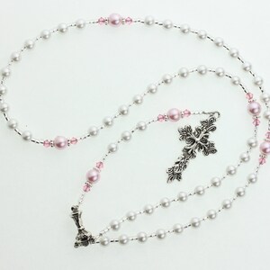 Catholic Rosary Prayer Beads, White Pearls and Pink Cathedral Crystals (RN9)