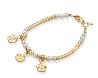 Toddler Girl gold banglet bracelet with pearls and gold flower Charms | perfect baby shower, birthday gift (BN15)