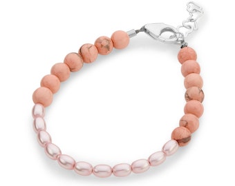 Exquisite Baby Girl Bracelet With Howlite Beads, Austrian Pink Rice Pearls (B2126-P)