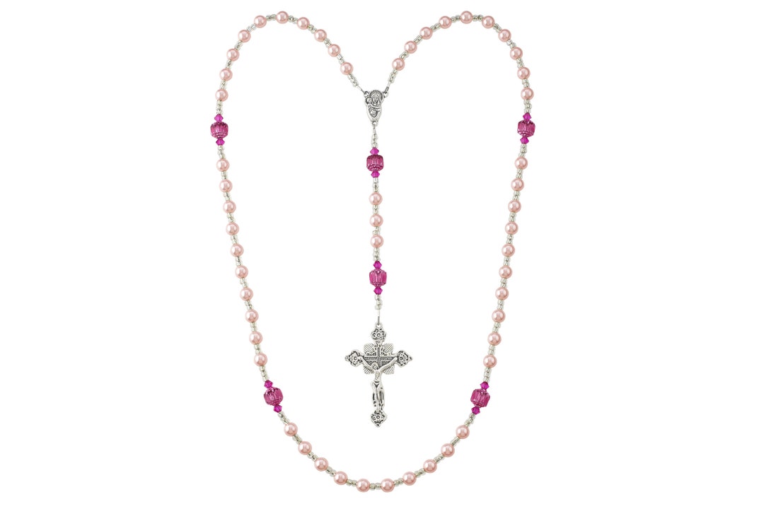 Rosary Prayer Bead Necklace Pink and Fushia Pearls and Etsy