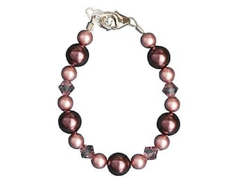 Luxury Festive Sterling Silver Baby Girl Bracelet with Purple and Rose European Simulated Pearls and Crystals (BPUP)