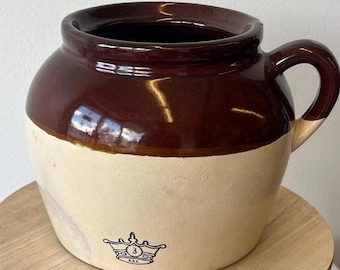 Vintage Robinson Ransbottom Blue Crown Stoneware Bean Pot #3 – Brown Drip Glaze Crock w/ Handle