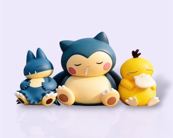 Niedliches Relaxo-, Mampfaxo- und Enton-Figurenset (6–8 cm), Kawaii-Anime-Schreibtischdeko, Pokémon-inspiriertes Sammlerspielzeug, Geschenk für Gamer, süße Dekoration