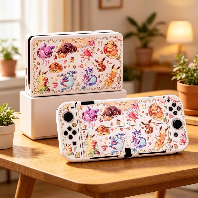 May include: White Nintendo Switch console and dock featuring a colorful cartoon design with various characters. The design includes pink, brown, yellow, and blue creatures with floral and decorative elements. The console and dock are on a wooden table.