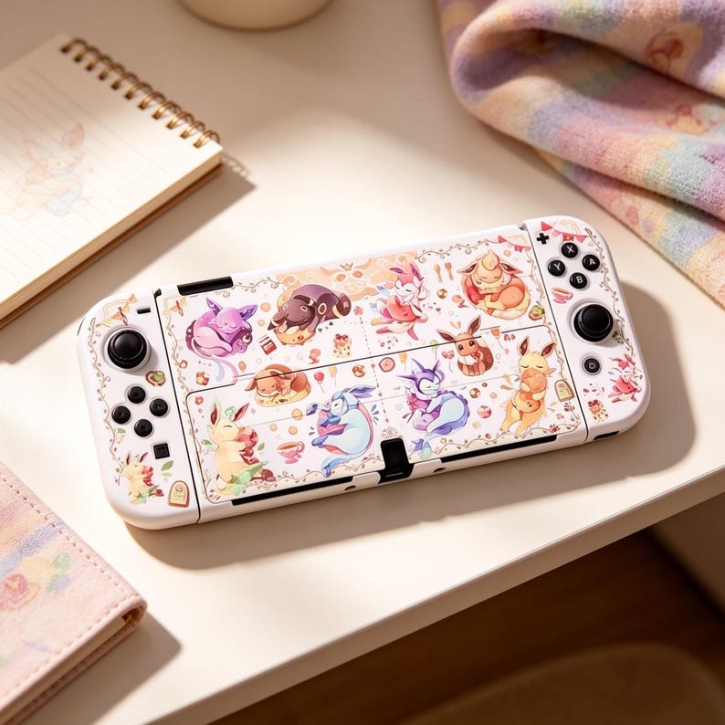 May include: White Nintendo Switch console with a custom skin featuring colorful cartoon characters. The design includes various creatures in different poses, surrounded by floral and decorative elements. The console is on a white surface with a notebook and a folded blanket.