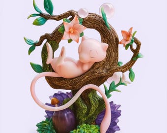 Mew-Figur, 15 cm, Pokémon-Statue – Mew-Figur mit Blumenbaum, Kawaii-Anime-Sammlerstück, Geschenk für Otakus