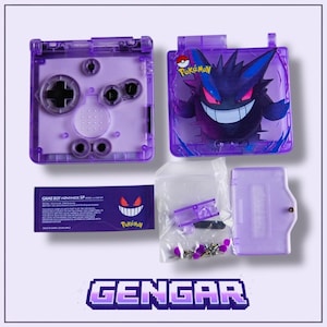 May include: A disassembled purple Game Boy Advance SP shell kit featuring a Gengar design. The kit includes the front and back shell, buttons, and a Gengar-themed screen cover. The text "Gengar" is displayed at the bottom.