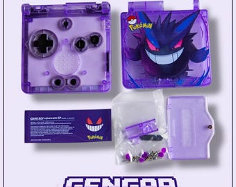 Benutzerdefiniertes Game Boy Advance SP-Gehäuse – Gengar-Pokémon-Design – Transparentes Lila + Box
