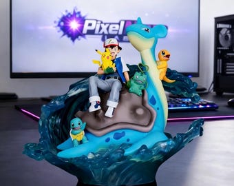 Pokémon Ash & Pikachu Lapras Statue 30 cm – Squirtle Charmander Bulbasaur Water Wave Sammlerfigur