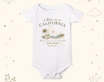 Geboren in Kalifornien Babybody | personalisierter Säuglingsbodysuit, Surfpalmenentwurf