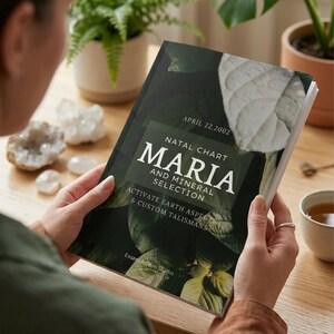 May include: A book titled "Maria and Mineral Selection" with the text "Natal Chart" and "Activate Earth Aspects & Custom Talismans." The cover features a dark green background with white leaf illustrations. The date "April 22, 2002" is also visible.