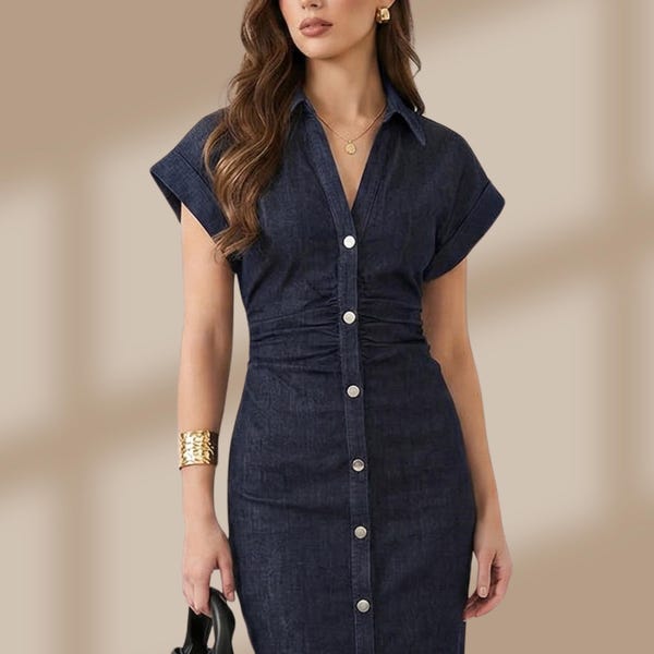 Vestido midi vaquero, elegante vestido midi con solapa y cremallera lateral - Conjunto para mujer