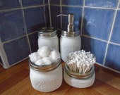 White Ball Mason Jar Rustic Bathroom Vanity Set - Soap Dispenser Toothbrush Holder Cotton Ball Jar Q-Tip Jar - Gift Idea - UK SELLER