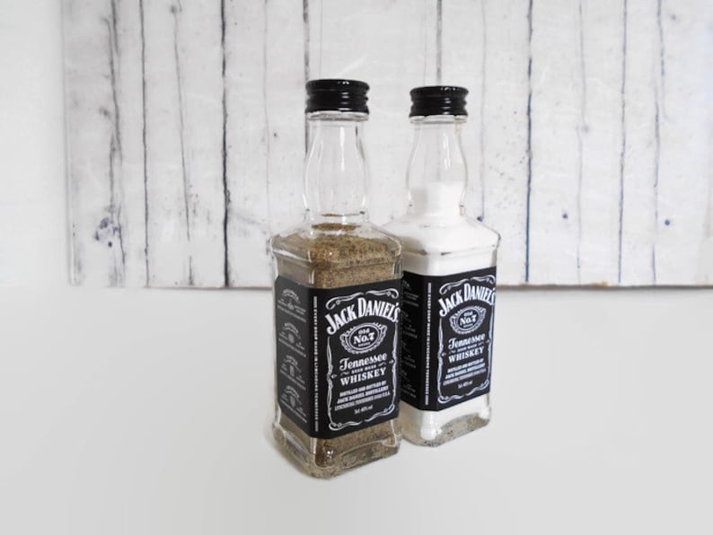 Jack Daniels Salt and Pepper Shakers Upcycled Mini Glass Whiskey Bottles ChristmasNovelty Gift Idea Rustic Decor