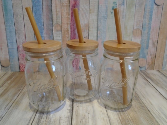 Mason Jar / Kilner Jar With Bamboo Lid and Straw Eco-friendly 490ml  Drinking Jar UK SELLER 