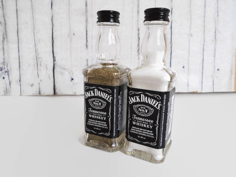 Jack Daniels Salt and Pepper Shakers Upcycled Mini Glass Whiskey Bottles ChristmasNovelty Gift Idea Rustic Decor