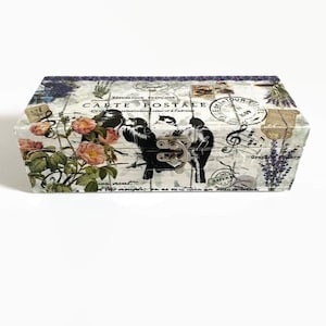 Tea Bag Box - Garden Birds Wooden Tea Box - Decoupage Lavendar Carte Postale with Birds  - Unique Gift Idea - UK SELLER