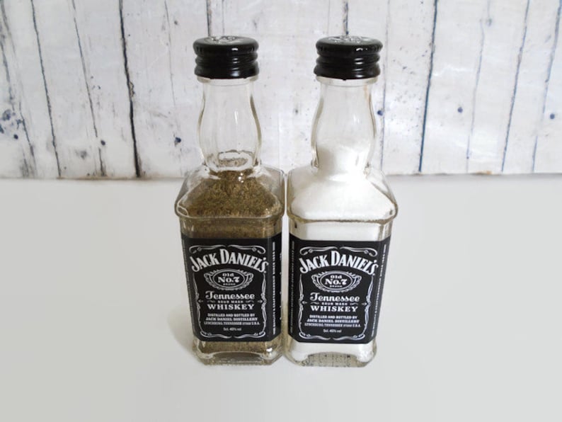 Jack Daniels Salt and Pepper Shakers Upcycled Mini Glass Whiskey Bottles ChristmasNovelty Gift Idea Rustic Decor