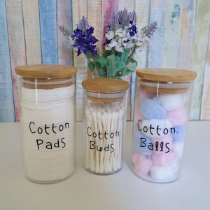 Custom 200ml/300ml Glass Storage Jars with Bamboo Lids - Cotton Pads/Balls/Buds -  Eco Friendly Bathroom Storage Jars - - UK SELLER