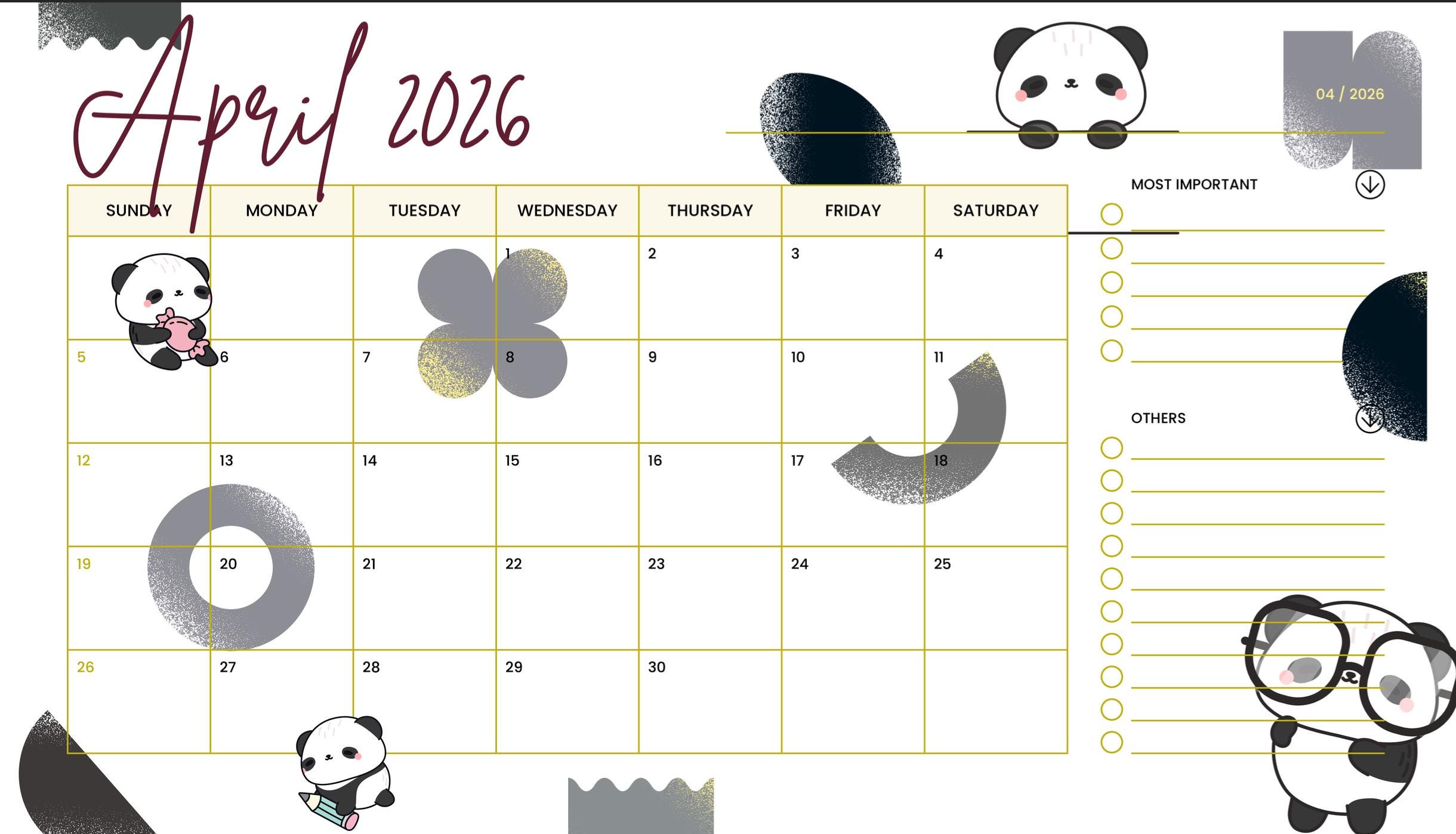 Panda Calendar 2026 Template - Etsy