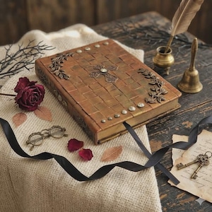May include: A decorative, antique-style book with a woven copper-colored cover, adorned with a cross and floral accents. The scene includes a rose, glasses, keys, and a black ribbon, creating a vintage aesthetic.