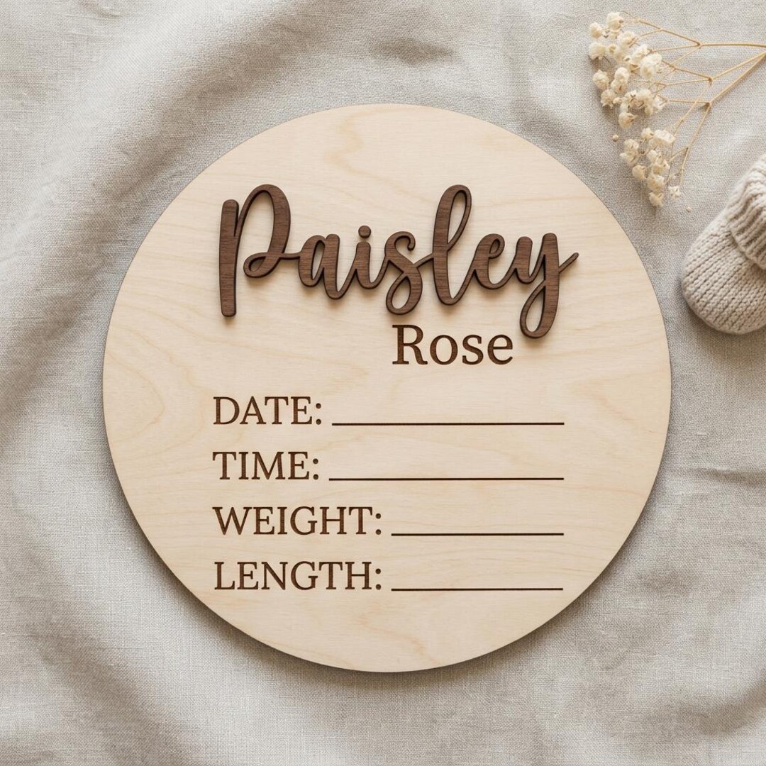 Personalized Wood Baby Birth Stat Sign | 5 Inch Round Name Announcement ...
