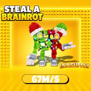 May include: A block-built figure featuring a green character and a red character wearing Santa hats, connected by colorful string lights. The text STEAL A BRAINROT, INA SUPPLY, and 67M/S appear on a yellow background with a brick-like border pattern.