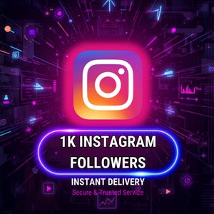 Puede incluir: El icono del logotipo de Instagram está centrado sobre un óvalo azul brillante que contiene el texto blanco 1K INSTAGRAM FOLLOWERS. Debajo, el texto INSTANT DELIVERY y Secure & Trusted Service aparecen sobre un fondo digital oscuro con líneas de neón.