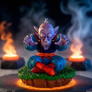 May include: A figurine of an elderly character in a seated meditation pose. The figure wears blue and orange clothing, red boots, and has a purple complexion. It sits on a small, grassy island with a glowing orange base. Two small flames flank the figure.