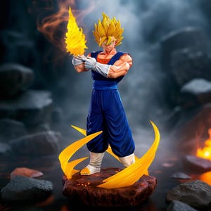 Könnte beinhalten: Detaillierte Figur einer Figur mit stacheligen gelben Haaren, die einen blauen Overall, weiße Handschuhe und Stiefel trägt. Die Figur hält einen gelben Energieblitz und steht auf einem felsigen Sockel mit gelben Energieeffekten.