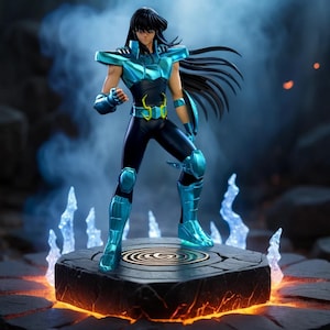 May include: A detailed figurine of a character in a teal and black outfit, standing on a stone platform with a swirling design. The figure has long black hair and is posed in a dynamic stance. The base is surrounded by a fiery glow and icy accents.