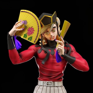 May include: A detailed figurine of a character in a red long-sleeve shirt, white skirt, and black accents. The figure holds a yellow fan with floral designs and a smaller fan. The character has blonde hair, yellow eyes, and a black hat.