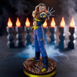May include: A detailed figurine of Android 18 from Dragon Ball Z. The figure is posed with an outstretched hand, wearing a blue and black outfit with gold accents. The figure stands on a brown base with a gold trim, with a backdrop of glowing orange lights.