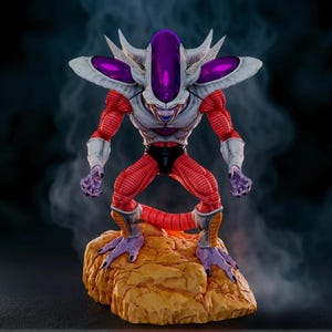 May include: A detailed figurine of a Dragon Ball Z character, featuring a red and white body with purple accents. The figure stands on a textured, yellow-brown base. The character has a menacing expression.